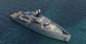 Aerial view of an ultra-modern luxury yacht sailing through the crystal-clear turquoise waters of the Adriatic Sea, showcasing sleek minimalist design and solar-integrated decking.